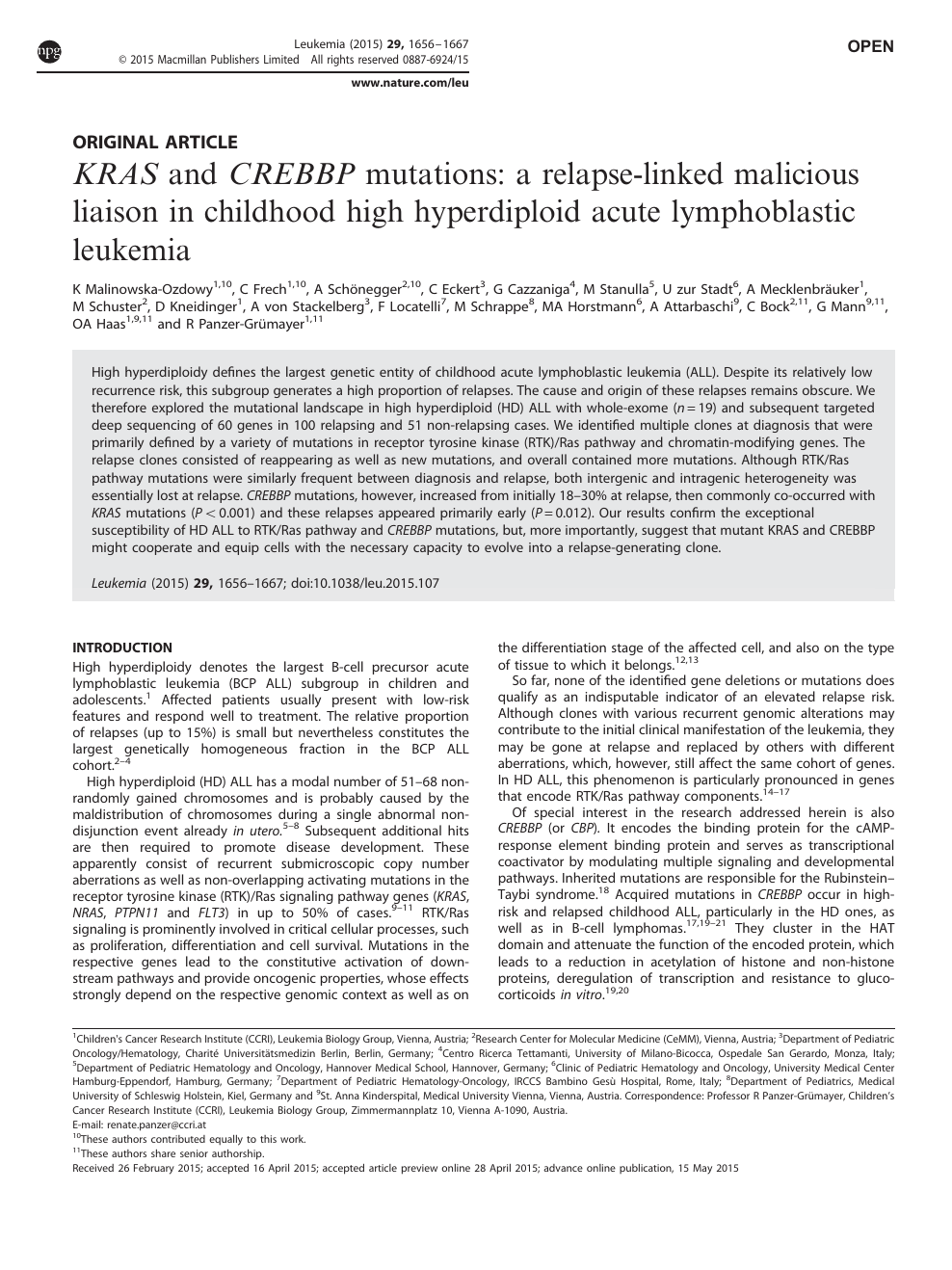 Kras And Crebbp Mutations A Relapse Linked Malicious Liaison In Childhood High Hyperdiploid Acute Lymphoblastic Leukemia Topic Of Research Paper In Biological Sciences Download Scholarly Article Pdf And Read For Free On
