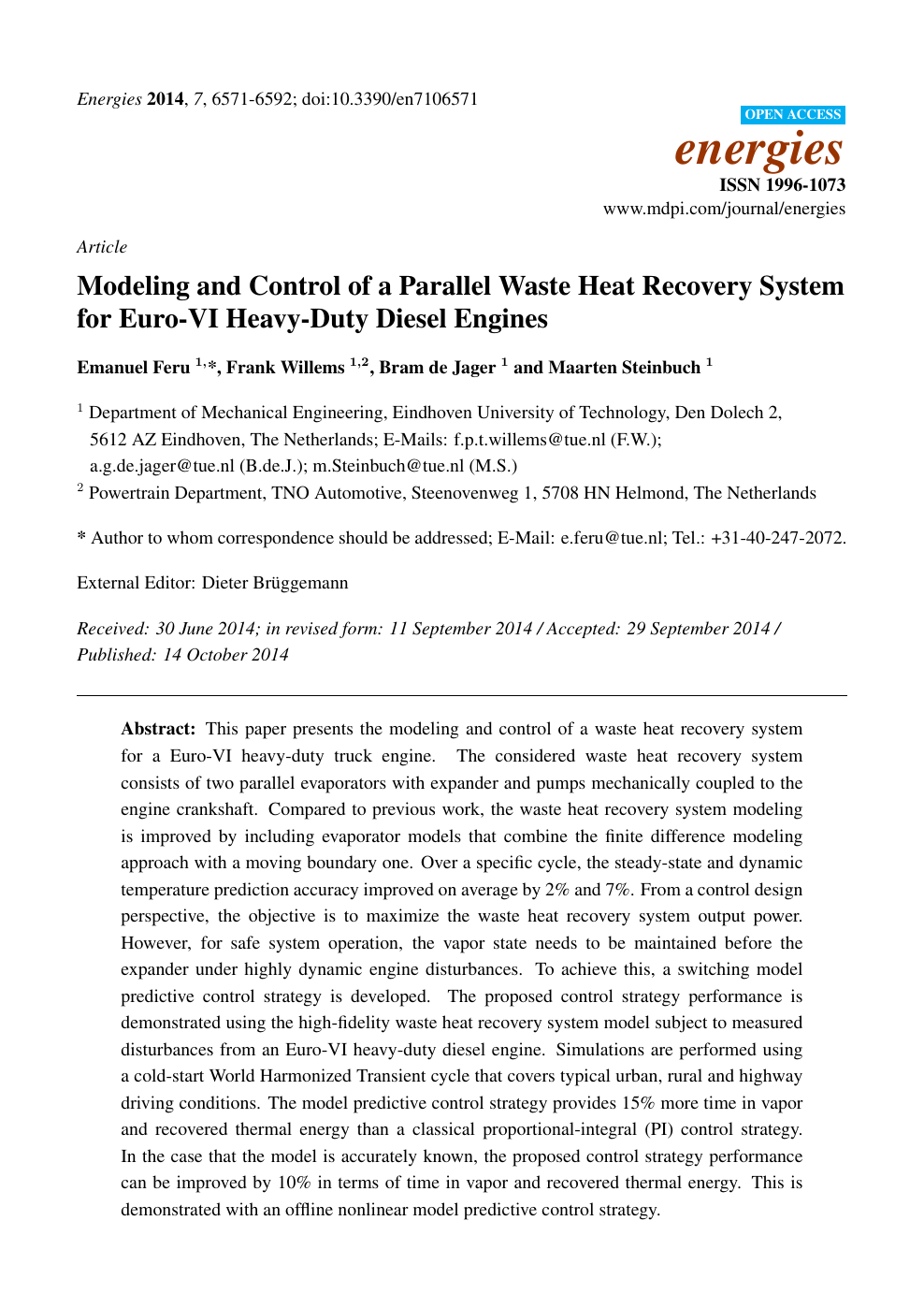 Modeling And Control Of A Parallel Waste Heat Recovery System For Euro Vi Heavy Duty Diesel Engines Topic Of Research Paper In Mechanical Engineering Download Scholarly Article Pdf And Read For Free On