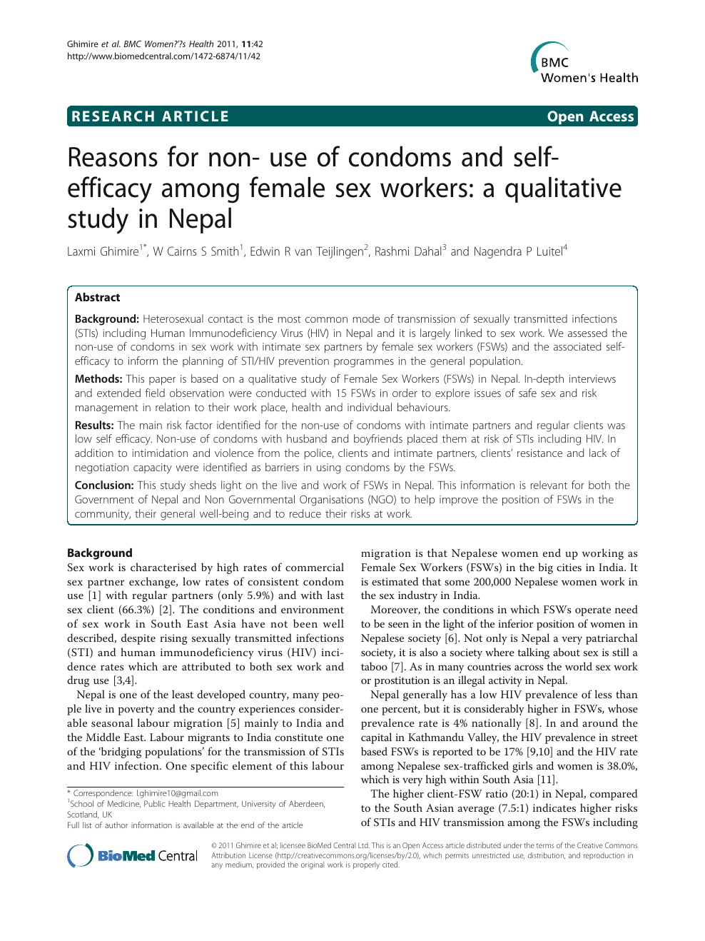 Reasons for non- use of condoms and self- efficacy among female sex workers a qualitative study in Nepal