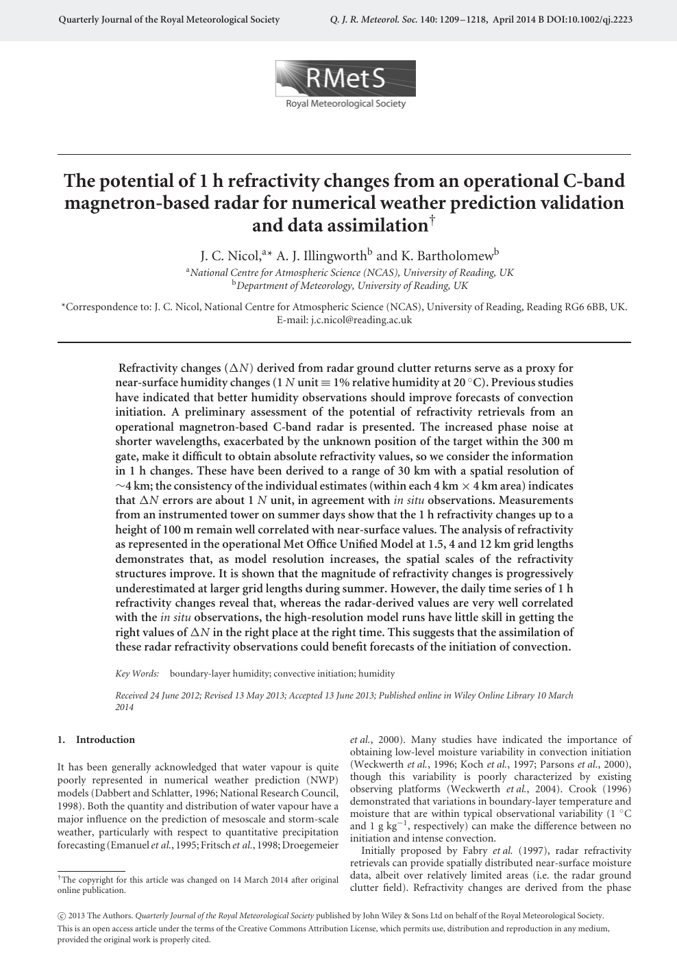 The Potential Of 1 H Refractivity Changes From An Operational C Band Magnetron Based Radar For Numerical Weather Prediction Validation And Data Assimilation Topic Of Research Paper In Earth And Related Environmental Sciences