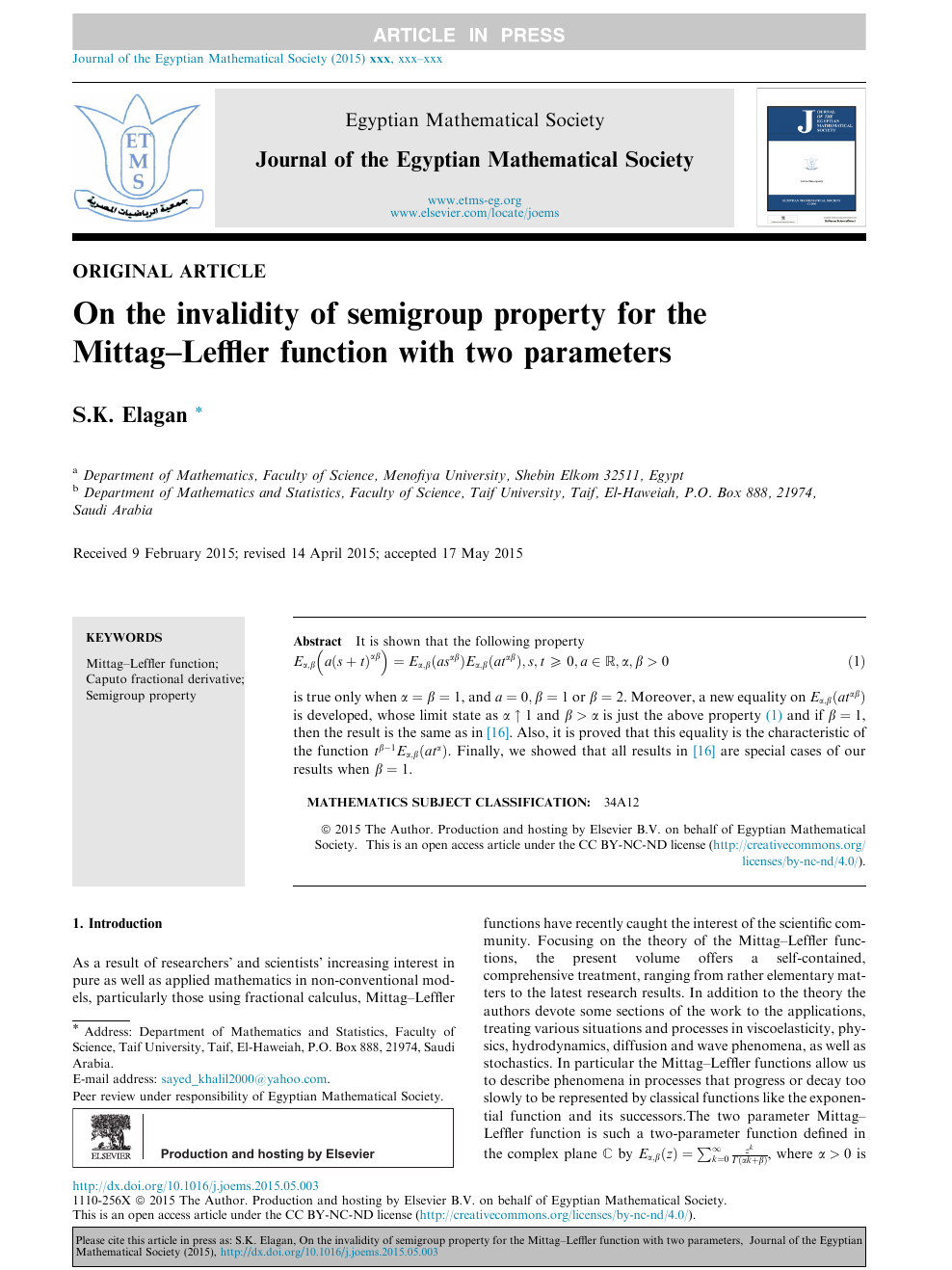 On The Invalidity Of Semigroup Property For The Mittag Leffler Function With Two Parameters Topic Of Research Paper In Mathematics Download Scholarly Article Pdf And Read For Free On Cyberleninka Open Science