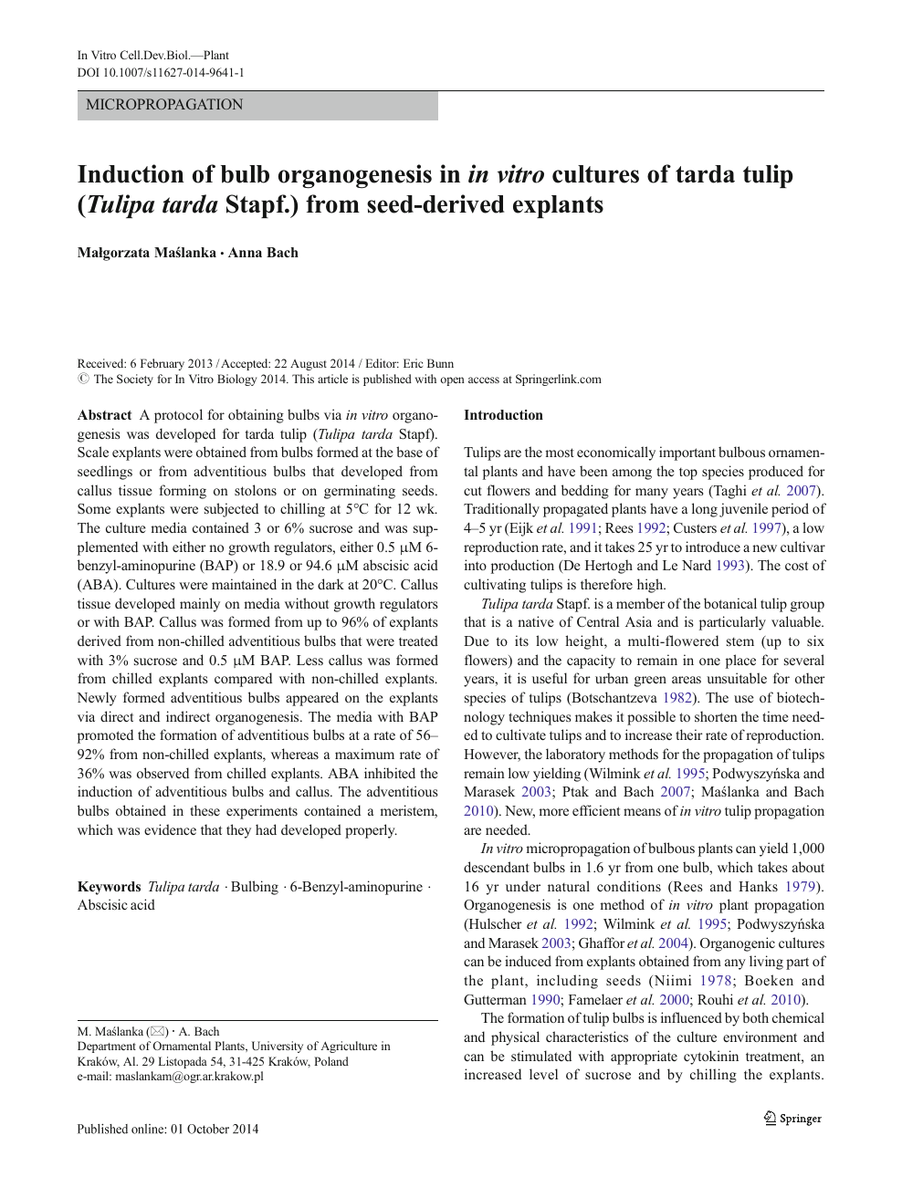 Induction of bulb organogenesis in in vitro cultures of tarda