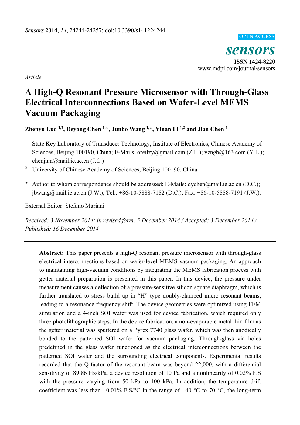 A High Q Resonant Pressure Microsensor With Through Glass Electrical Interconnections Based On Wafer Level Mems Vacuum Packaging Topic Of Research Paper In Nano Technology Download Scholarly Article Pdf And Read For Free On Cyberleninka