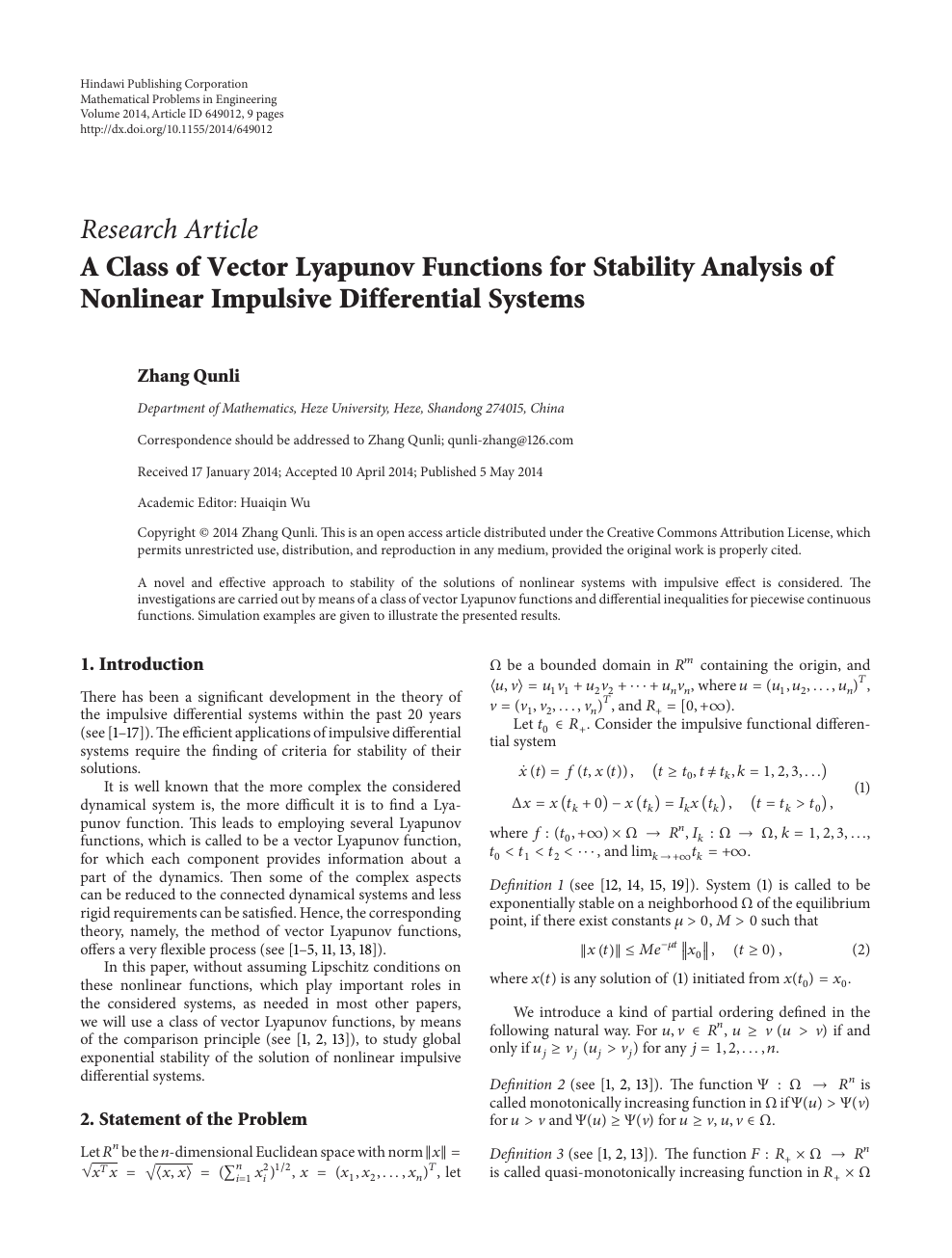A Class Of Vector Lyapunov Functions For Stability Analysis Of Nonlinear Impulsive Differential Systems Topic Of Research Paper In Mathematics Download Scholarly Article Pdf And Read For Free On Cyberleninka Open