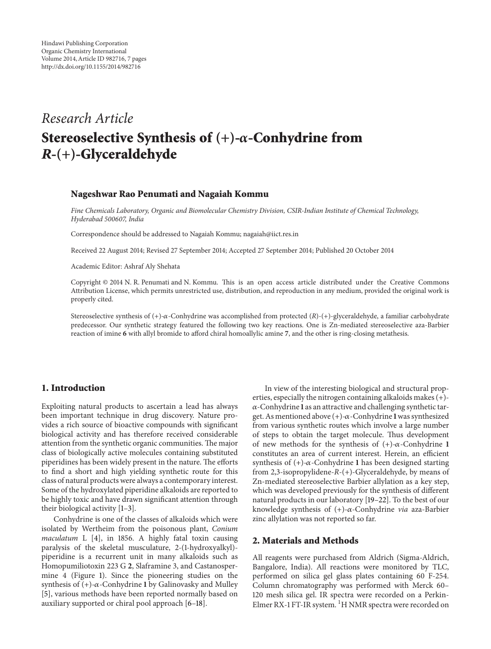 Stereoselective Synthesis Of A Conhydrine From R Glyceraldehyde Topic Of Research Paper In Chemical Sciences Download Scholarly Article Pdf And Read For Free On Cyberleninka Open Science Hub