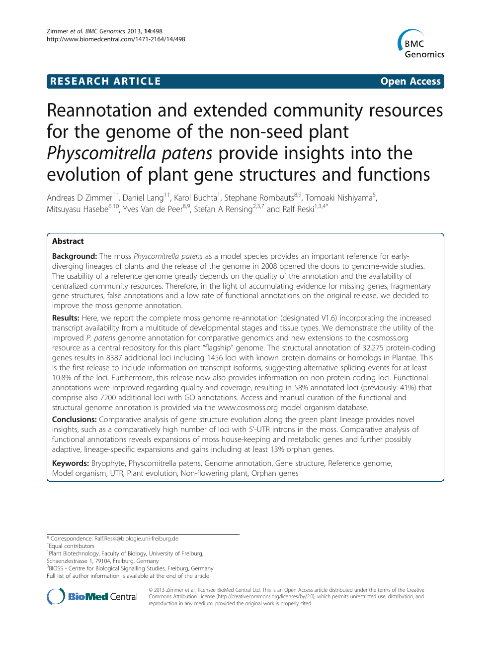 Reannotation And Extended Community Resources For The Genome Of The Non Seed Plant Physcomitrella Patens Provide Insights Into The Evolution Of Plant Gene Structures And Functions Topic Of Research Paper In Biological