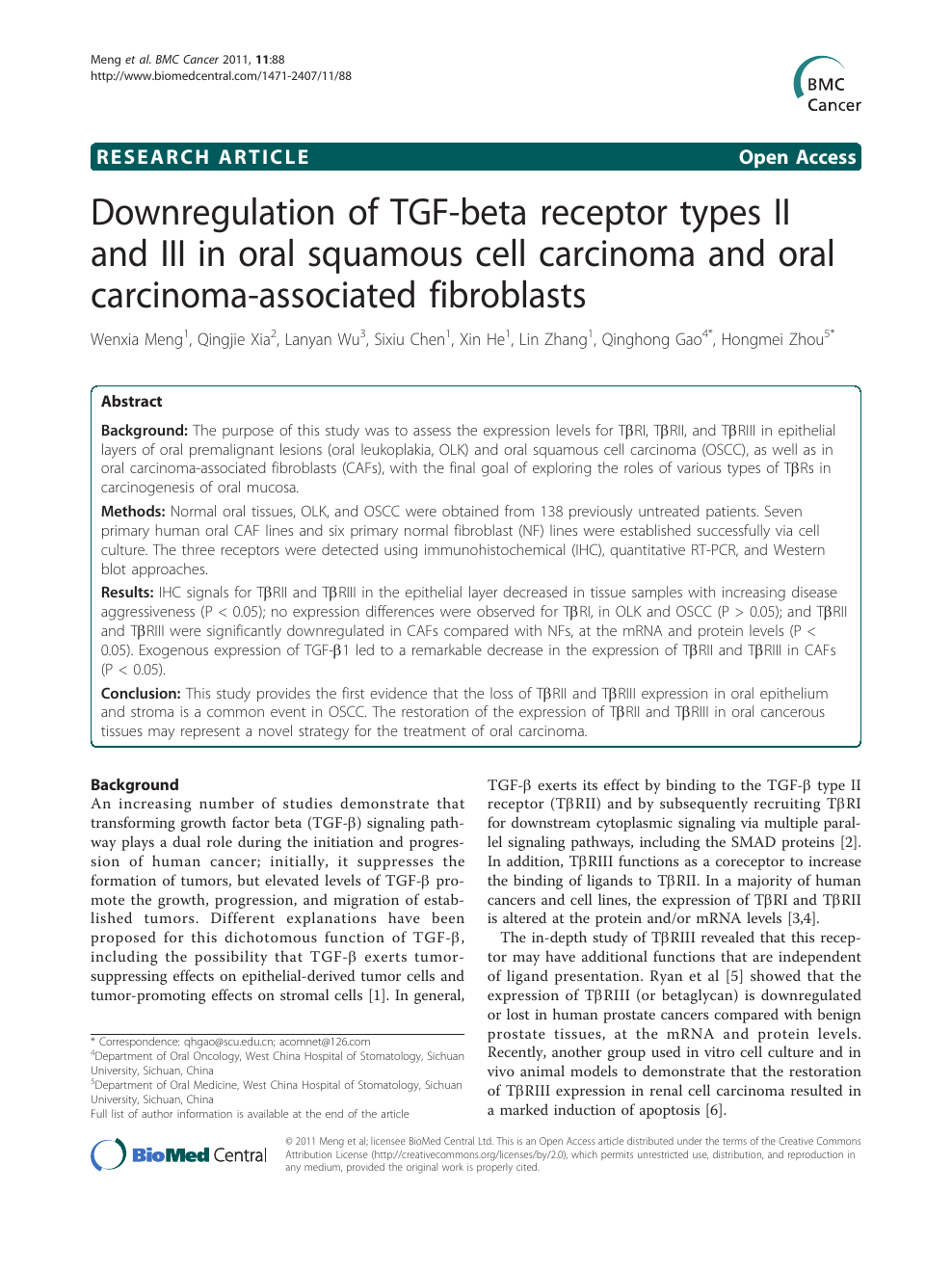 Downregulation Of Tgf Beta Receptor Types Ii And Iii In Oral Squamous Cell Carcinoma And Oral Carcinoma Associated Fibroblasts Topic Of Research Paper In Biological Sciences Download Scholarly Article Pdf And Read For