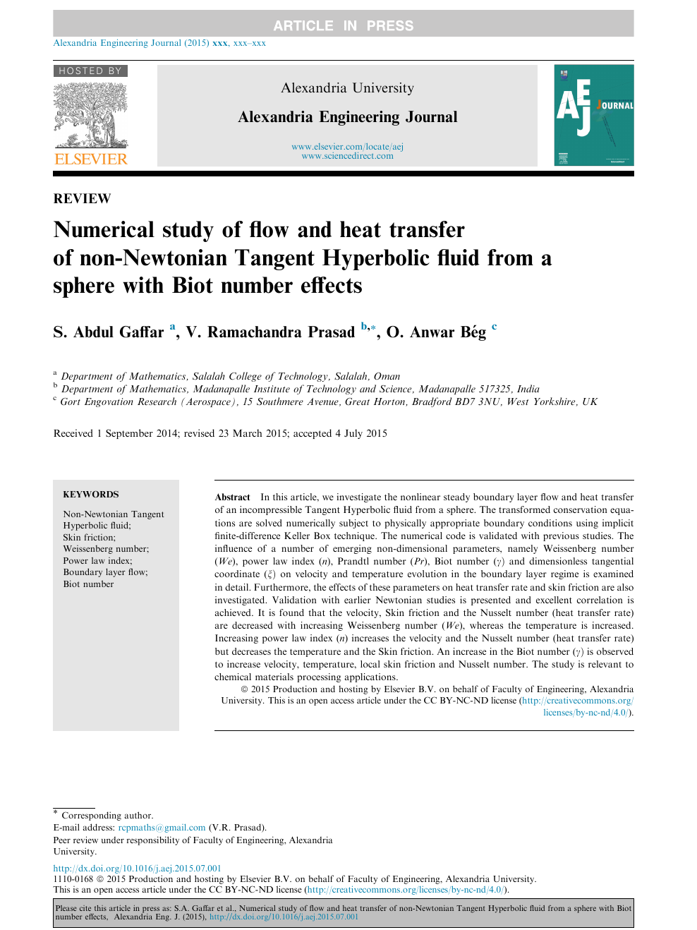 Numerical Study Of Flow And Heat Transfer Of Non Newtonian Tangent Hyperbolic Fluid From A Sphere With Biot Number Effects Topic Of Research Paper In Mathematics Download Scholarly Article Pdf And Read