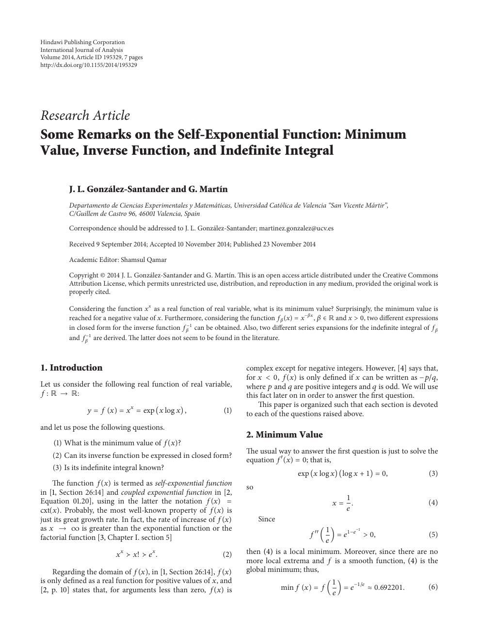 Some Remarks On The Self Exponential Function Minimum Value Inverse Function And Indefinite Integral Topic Of Research Paper In Mathematics Download Scholarly Article Pdf And Read For Free On Cyberleninka Open Science