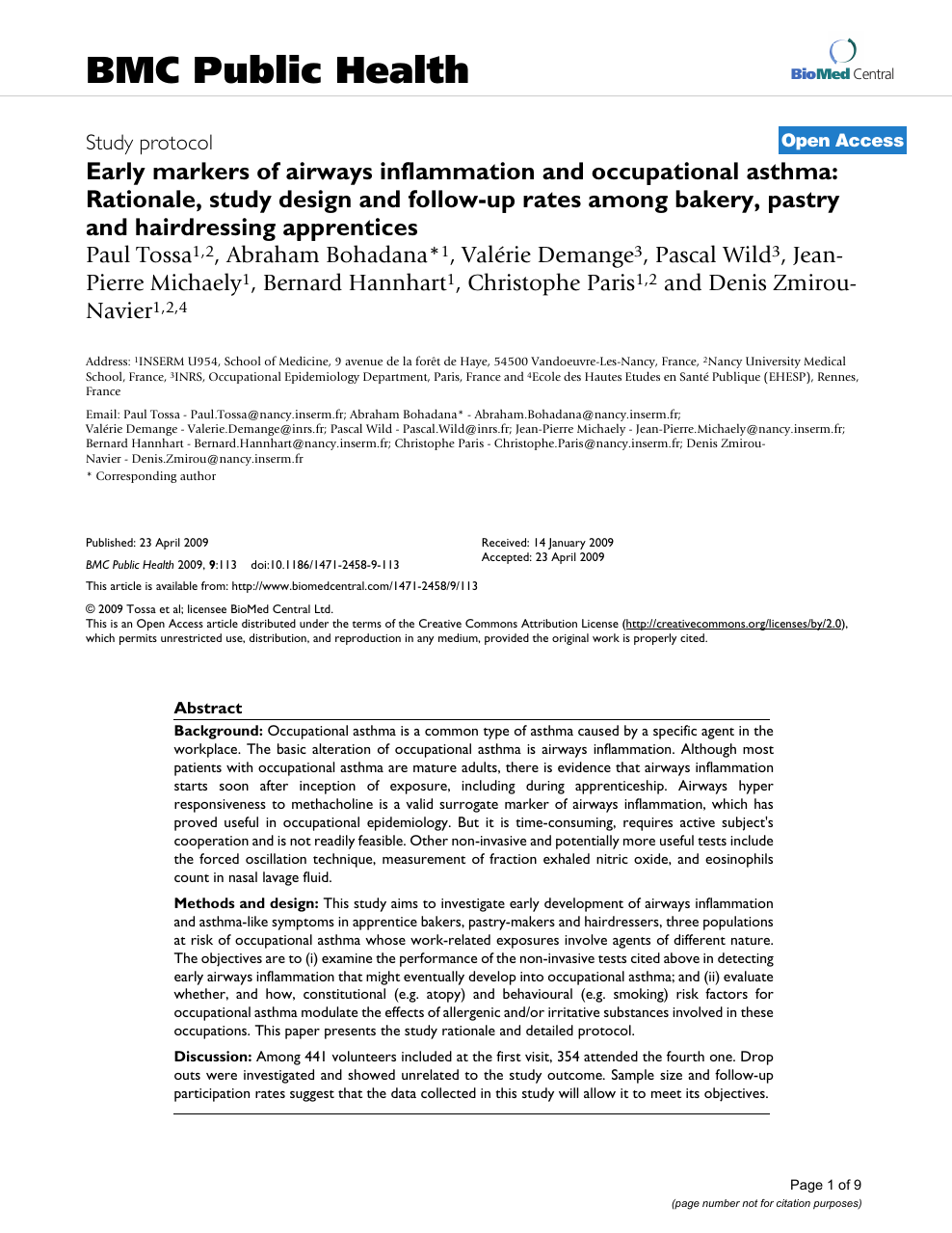 Early markers of airways inflammation and occupational asthma: Rationale,  study design and follow-up rates among bakery, pastry and hairdressing  apprentices – topic of research paper in Clinical medicine. Download  scholarly article PDF
