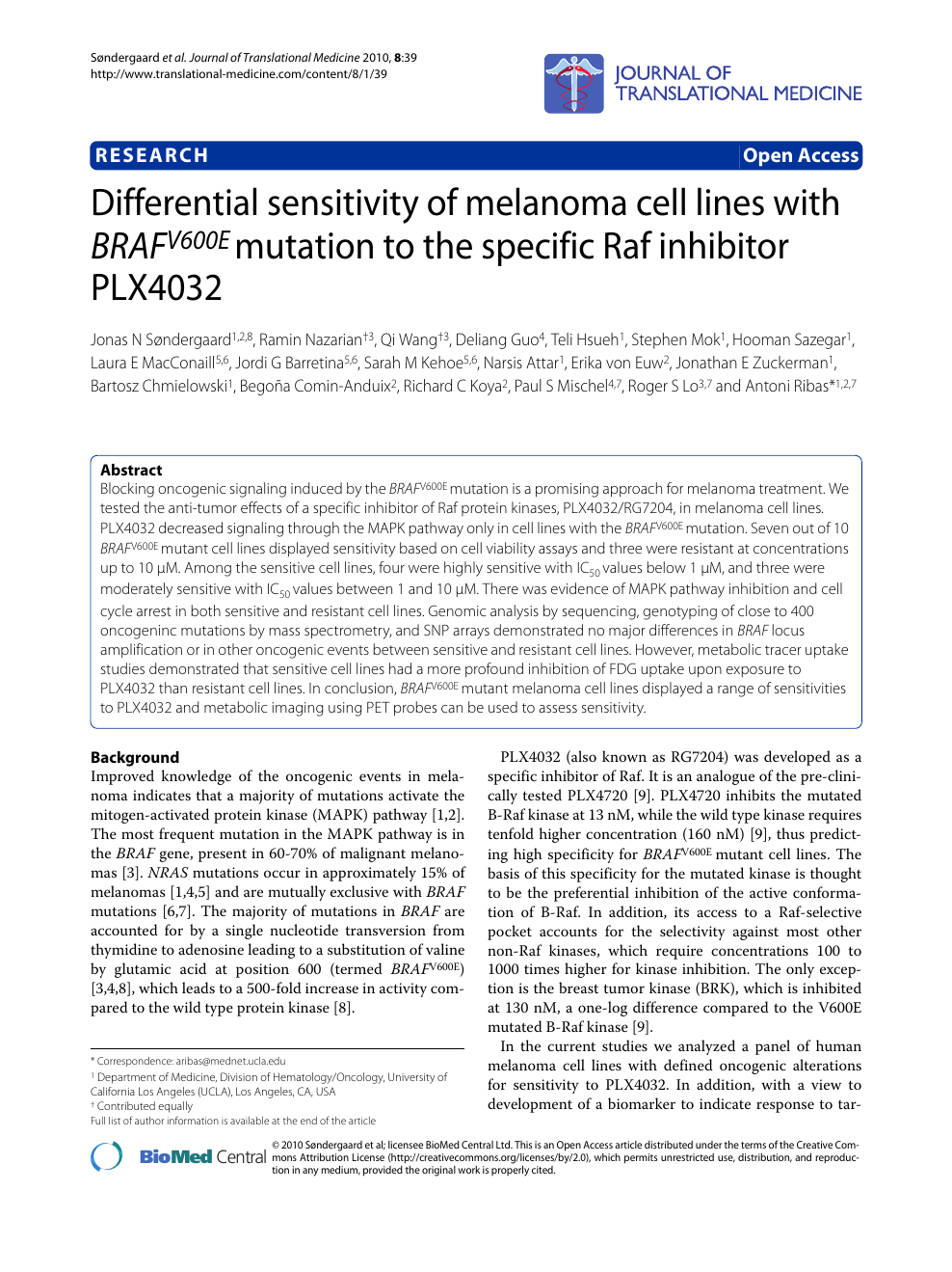 Differential Sensitivity Of Melanoma Cell Lines With Brafv600e Mutation To The Specific Raf Inhibitor Plx4032 Topic Of Research Paper In Biological Sciences Download Scholarly Article Pdf And Read For Free On
