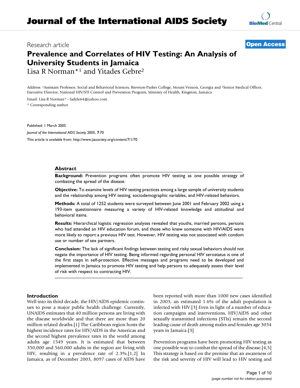 Prevalence and Correlates of HIV Testing An Analysis of University Students in Jamaica photo
