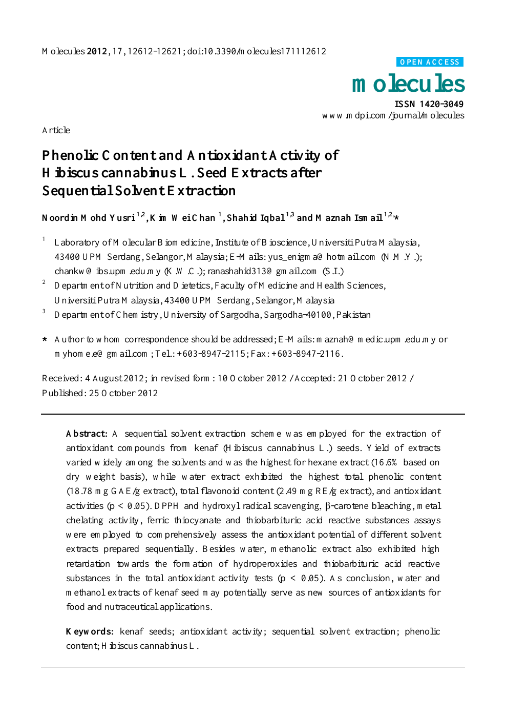 Phenolic Content And Antioxidant Activity Of Hibiscus Cannabinus L Seed Extracts After Sequential Solvent Extraction Topic Of Research Paper In Biological Sciences Download Scholarly Article Pdf And Read For Free On