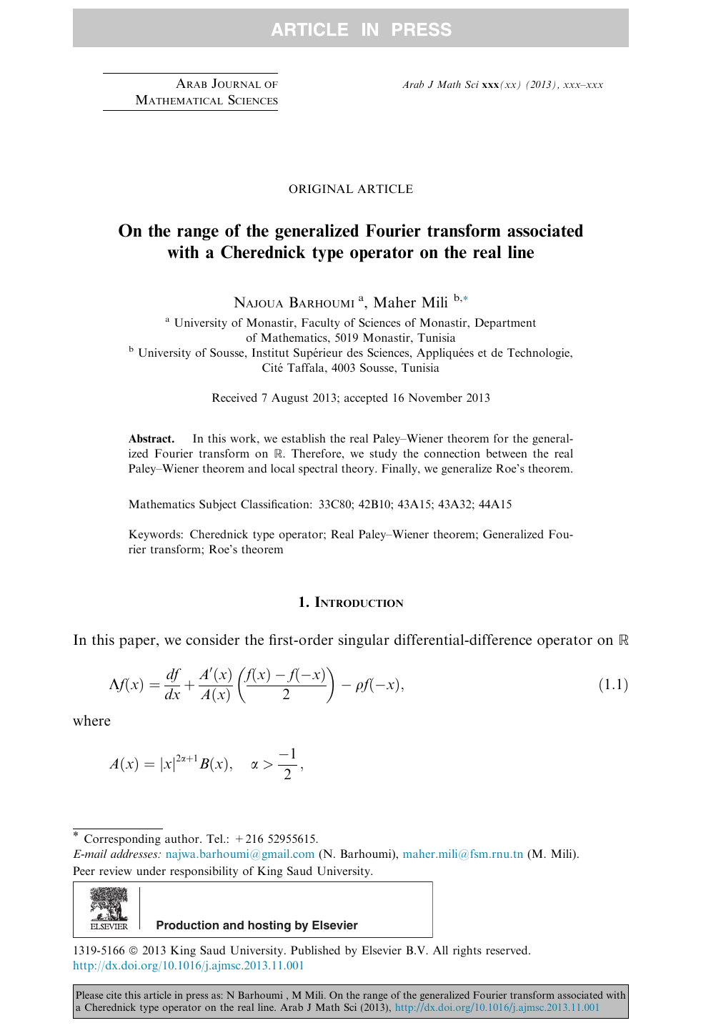 On The Range Of The Generalized Fourier Transform Associated With A Cherednick Type Operator On The Real Line Topic Of Research Paper In Mathematics Download Scholarly Article Pdf And Read For