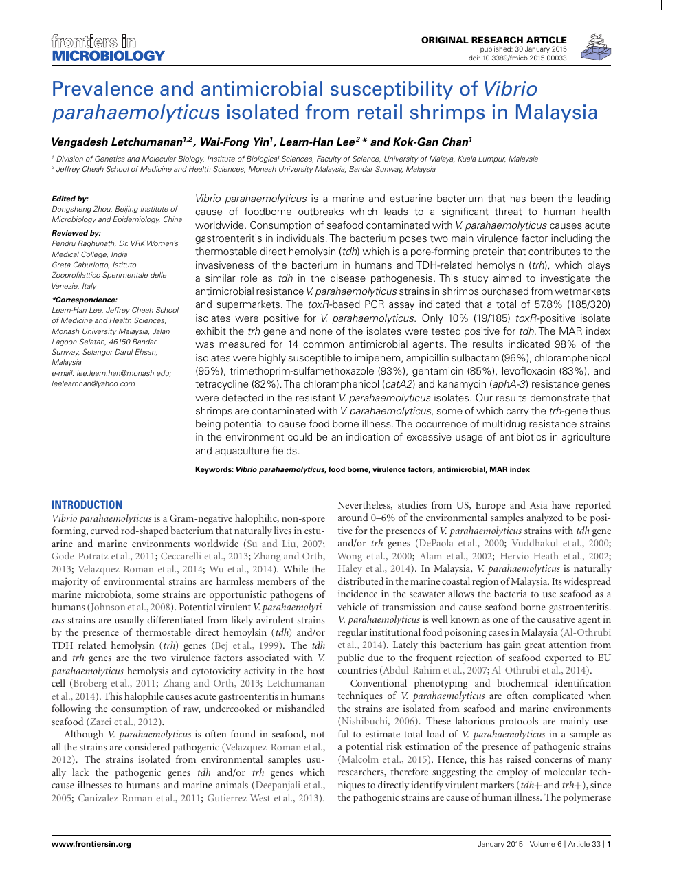 Prevalence And Antimicrobial Susceptibility Of Vibrio Parahaemolyticus Isolated From Retail Shrimps In Malaysia Topic Of Research Paper In Biological Sciences Download Scholarly Article Pdf And Read For Free On Cyberleninka Open