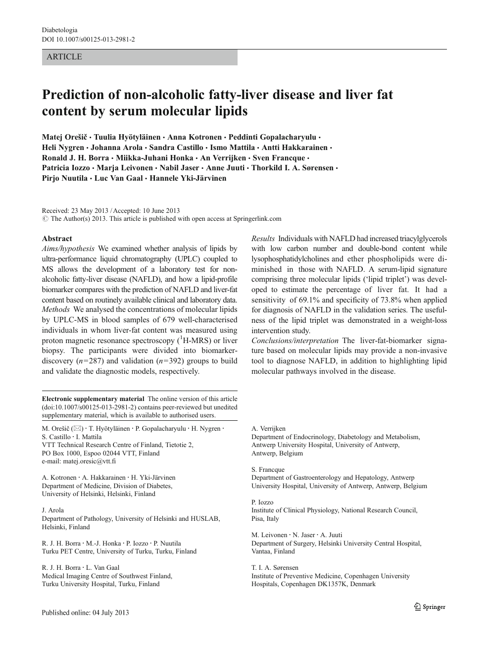 Prediction Of Non Alcoholic Fatty Liver Disease And Liver Fat Content By Serum Molecular Lipids Topic Of Research Paper In Biological Sciences Download Scholarly Article Pdf And Read For Free On Cyberleninka Open