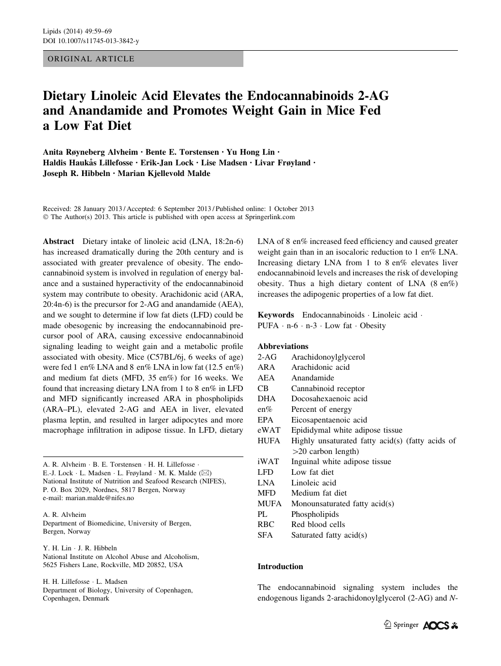 Dietary Linoleic Acid Elevates The Endocannabinoids 2 Ag And Anandamide And Promotes Weight Gain In Mice Fed A Low Fat Diet Topic Of Research Paper In Biological Sciences Download Scholarly Article Pdf