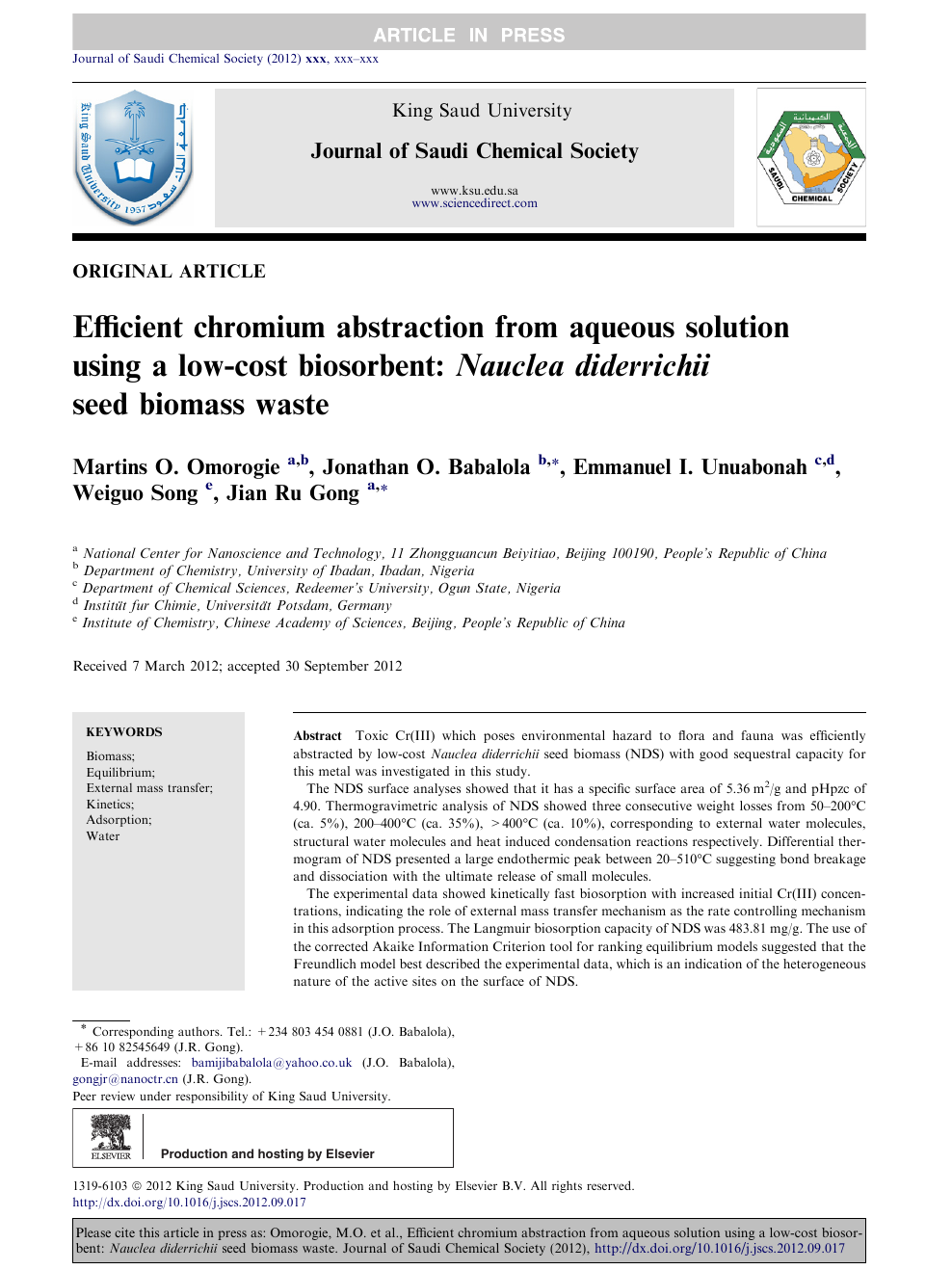 Efficient Chromium Abstraction From Aqueous Solution Using A Low Cost Biosorbent Nauclea Diderrichii Seed Biomass Waste Topic Of Research Paper In Chemical Sciences Download Scholarly Article Pdf And Read For Free On