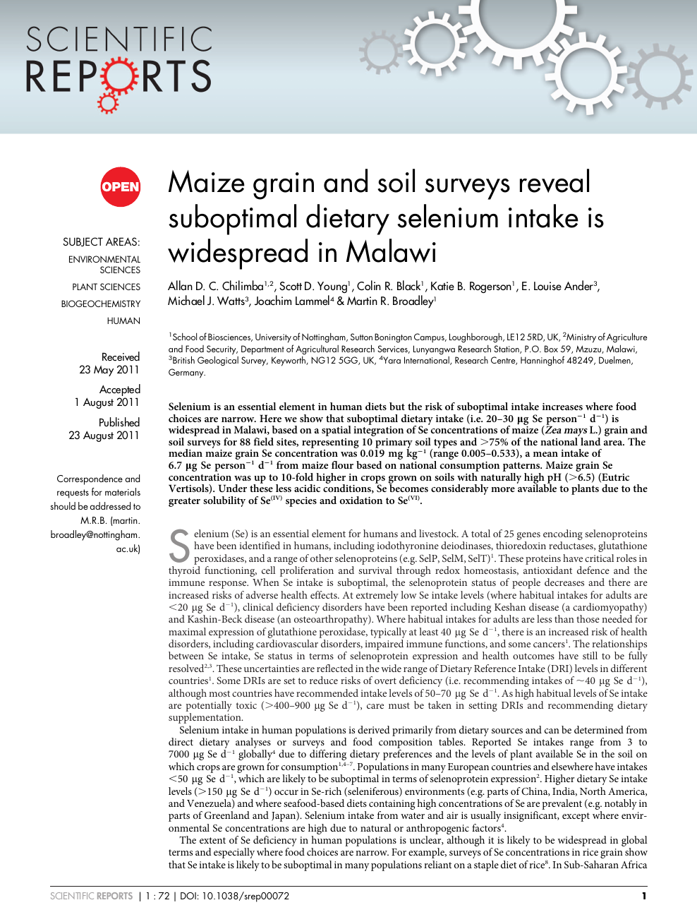 Maize Grain And Soil Surveys Reveal Suboptimal Dietary Selenium Intake Is Widespread In Malawi Topic Of Research Paper In Chemical Sciences Download Scholarly Article Pdf And Read For Free On Cyberleninka