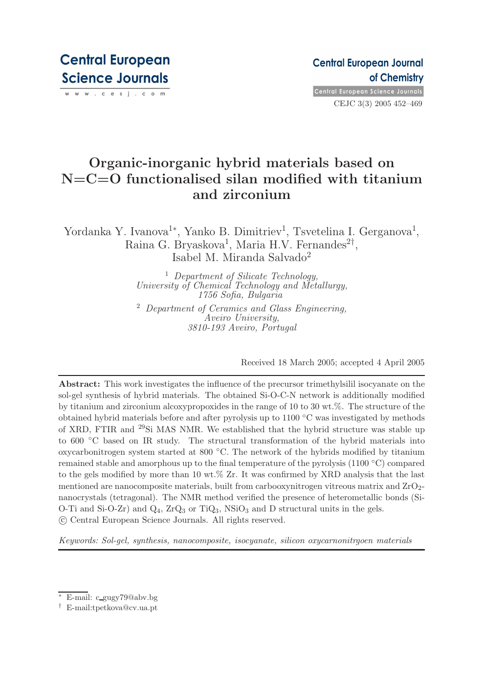 Organic Inorganic Hybrid Materials Based On N C O Functionalised Silan Modified With Titanium And Zirconium Topic Of Research Paper In Chemical Sciences Download Scholarly Article Pdf And Read For Free On Cyberleninka Open