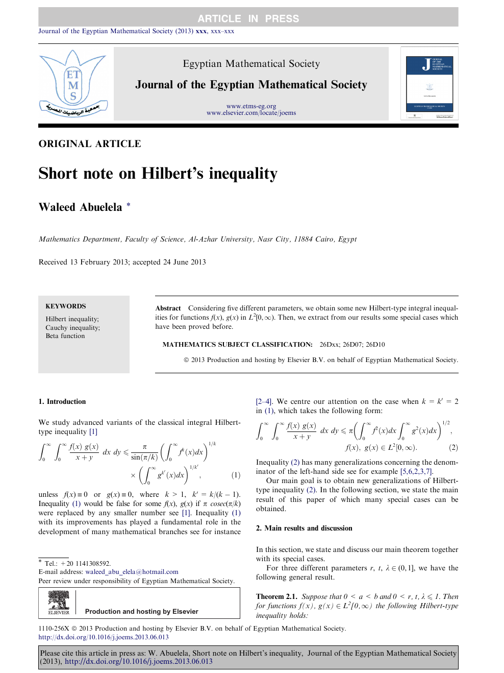 Short Note On Hilbert S Inequality Topic Of Research Paper In Mathematics Download Scholarly Article Pdf And Read For Free On Cyberleninka Open Science Hub