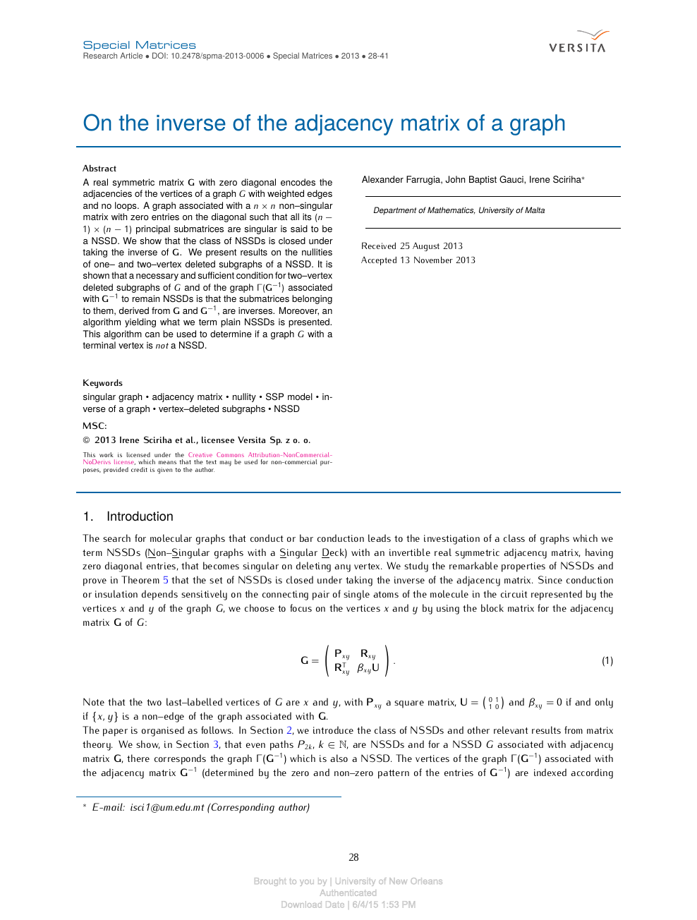 On The Inverse Of The Adjacency Matrix Of A Graph Topic Of Research Paper In Computer And Information Sciences Download Scholarly Article Pdf And Read For Free On Cyberleninka Open Science