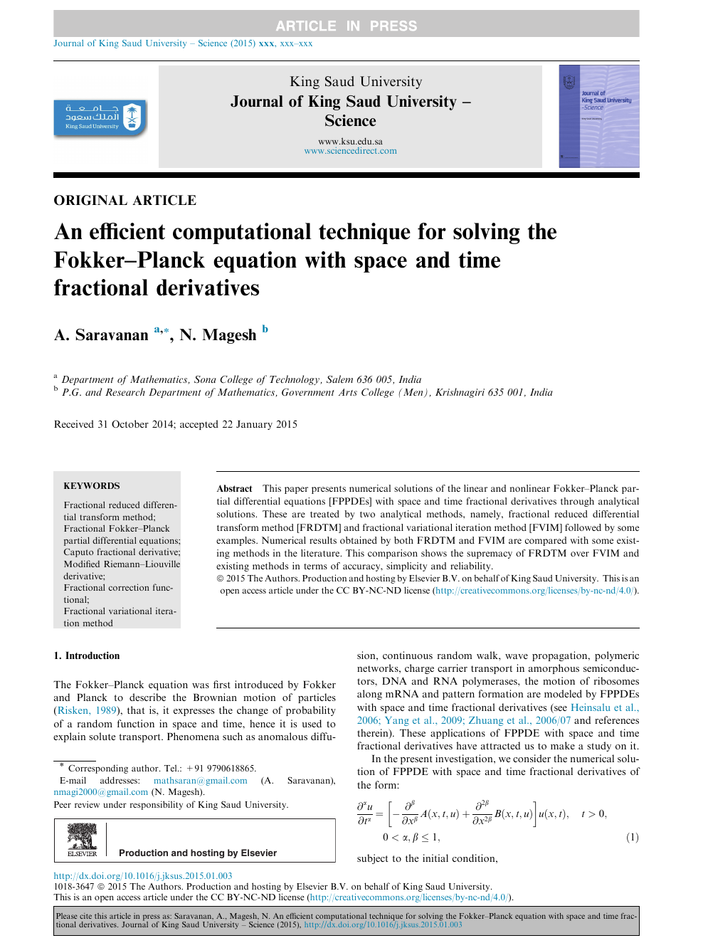 An Efficient Computational Technique For Solving The Fokker Planck Equation With Space And Time Fractional Derivatives Topic Of Research Paper In Mathematics Download Scholarly Article Pdf And Read For Free On Cyberleninka