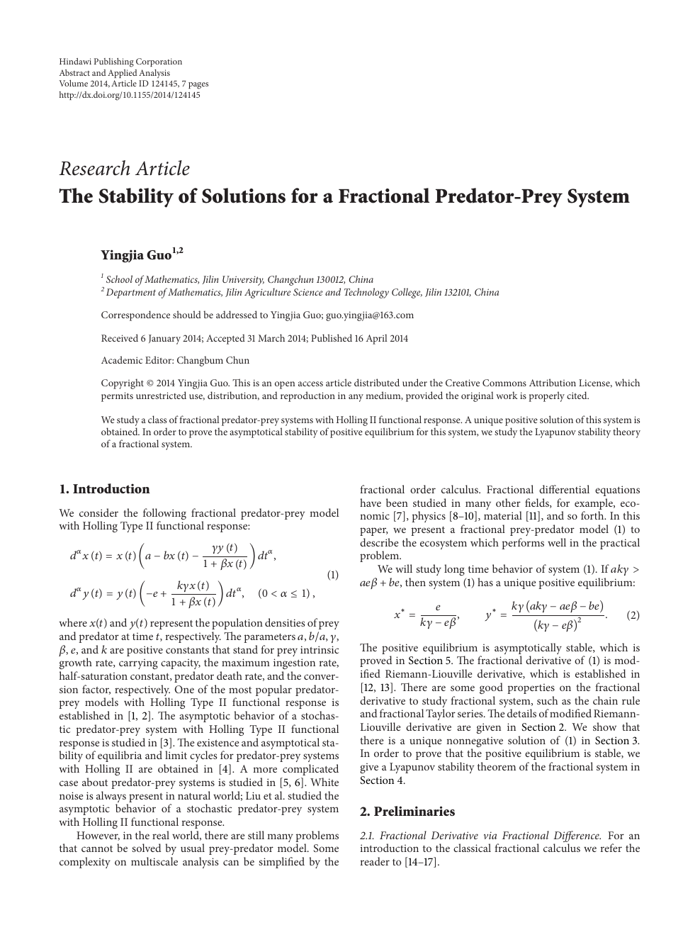 The Stability Of Solutions For A Fractional Predator Prey System Topic Of Research Paper In Mathematics Download Scholarly Article Pdf And Read For Free On Cyberleninka Open Science Hub