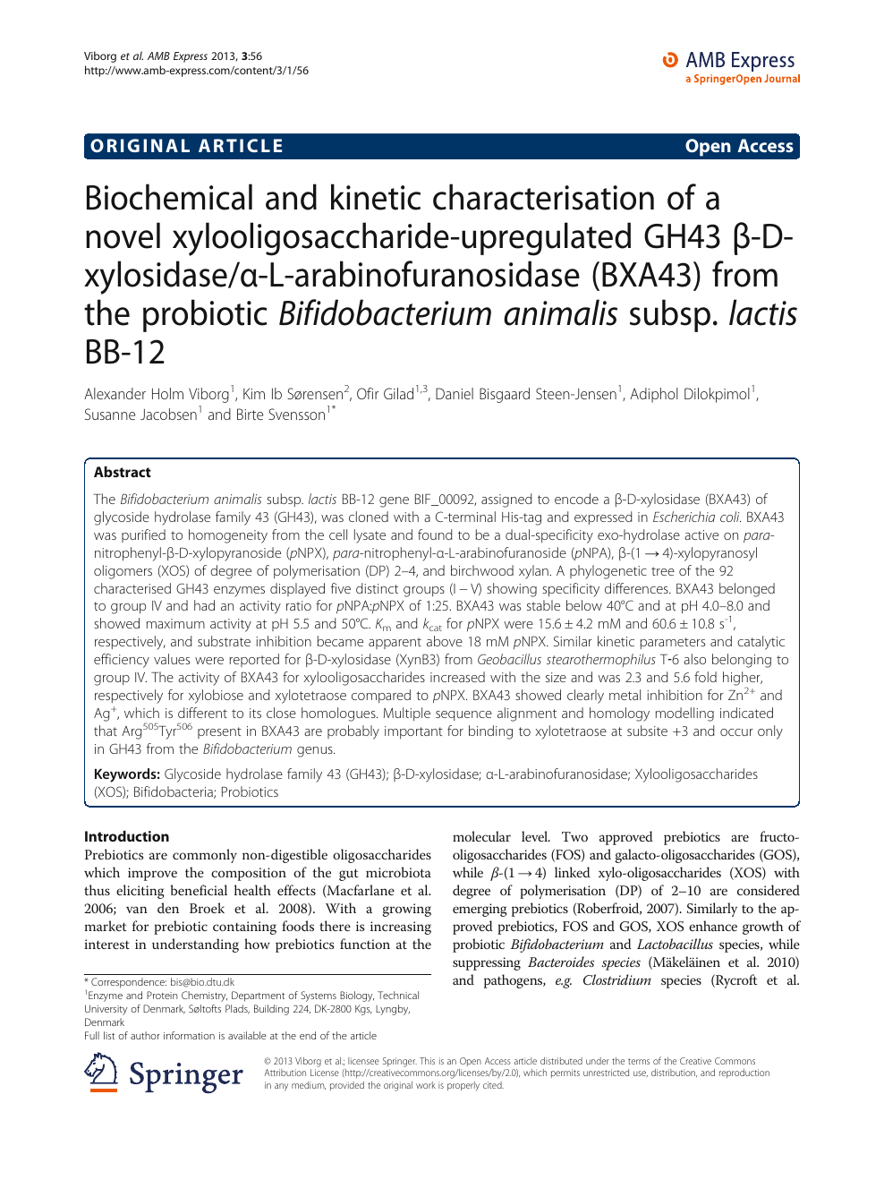 Biochemical And Kinetic Characterisation Of A Novel Xylooligosaccharide Upregulated Gh43 B D Xylosidase A L Arabinofuranosidase Bxa43 From The Probiotic Bifidobacterium Animalis Subsp Lactis 12 Topic Of Research Paper In Veterinary Science