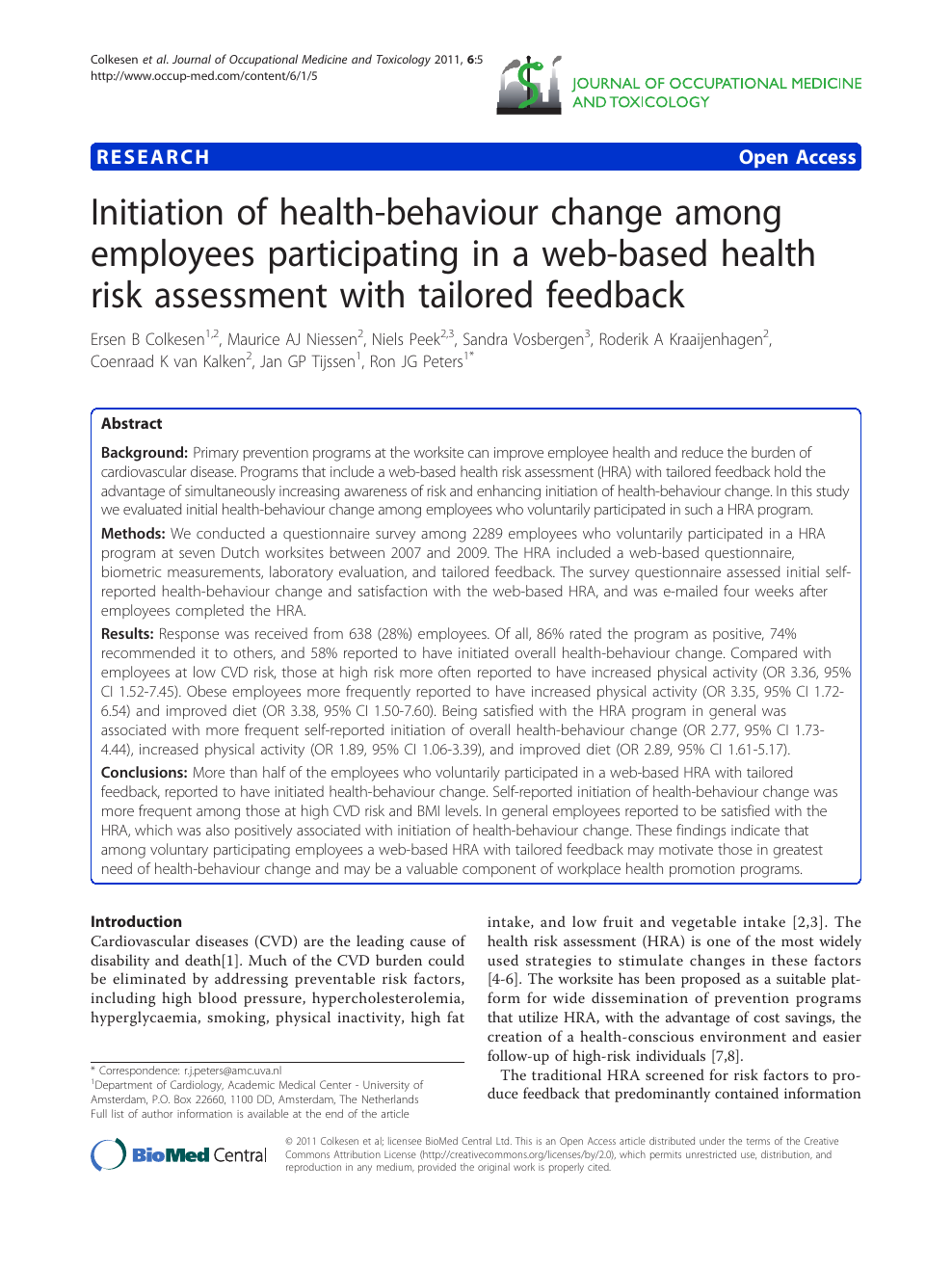 Initiation Of Health Behaviour Change Among Employees Participating In A Web Based Health Risk Assessment With Tailored Feedback Topic Of Research Paper In Health Sciences Download Scholarly Article Pdf And Read For Free