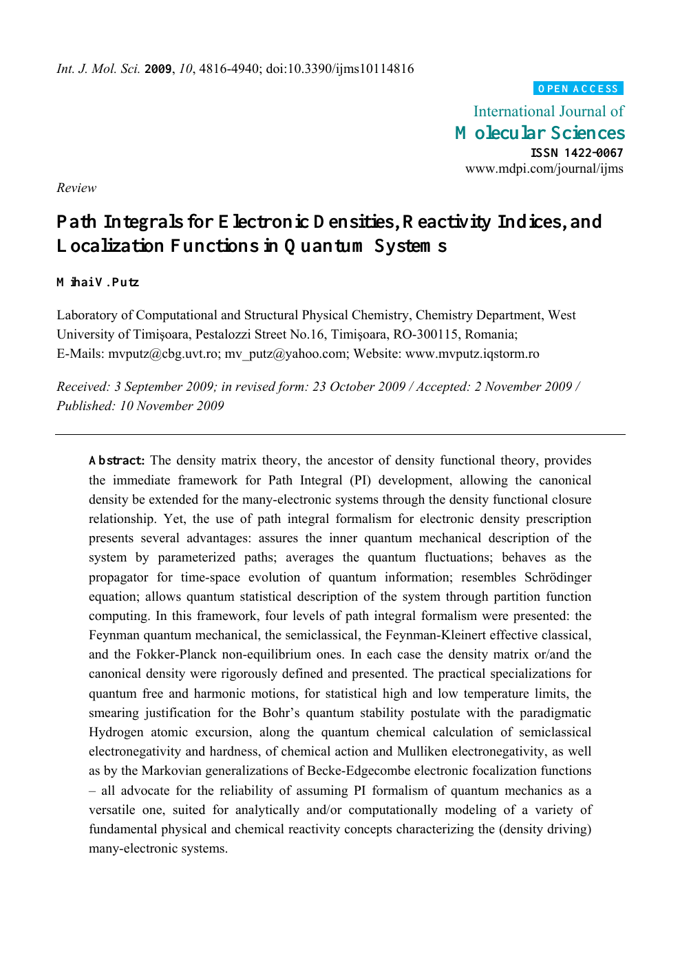 Path Integrals For Electronic Densities Reactivity Indices And Localization Functions In Quantum Systems Topic Of Research Paper In Physical Sciences Download Scholarly Article Pdf And Read For Free On Cyberleninka Open