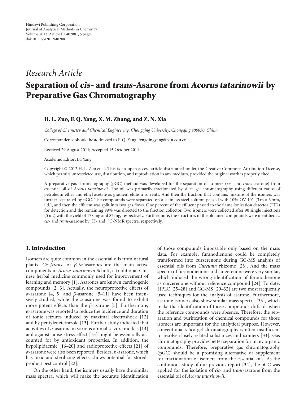 Separation Of Cis And Trans Asarone From Acorus Tatarinowii By Preparative Gas Chromatography Topic Of Research Paper In Chemical Sciences Download Scholarly Article Pdf And Read For Free On Cyberleninka Open Science