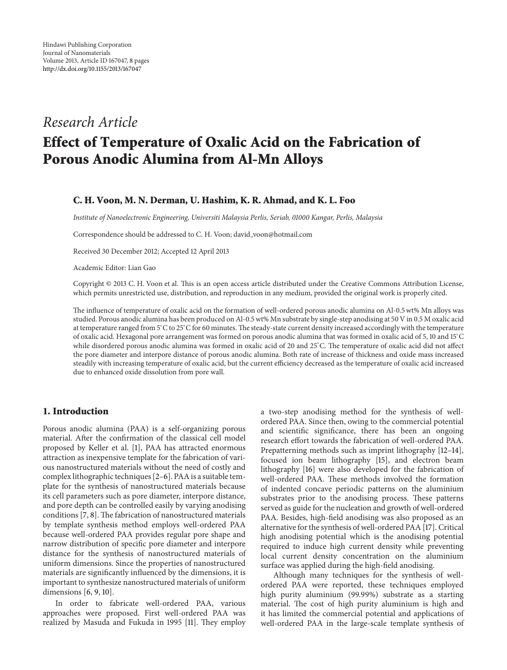 Effect Of Temperature Of Oxalic Acid On The Fabrication Of Porous Anodic Alumina From Al Mn Alloys Topic Of Research Paper In Nano Technology Download Scholarly Article Pdf And Read For Free On