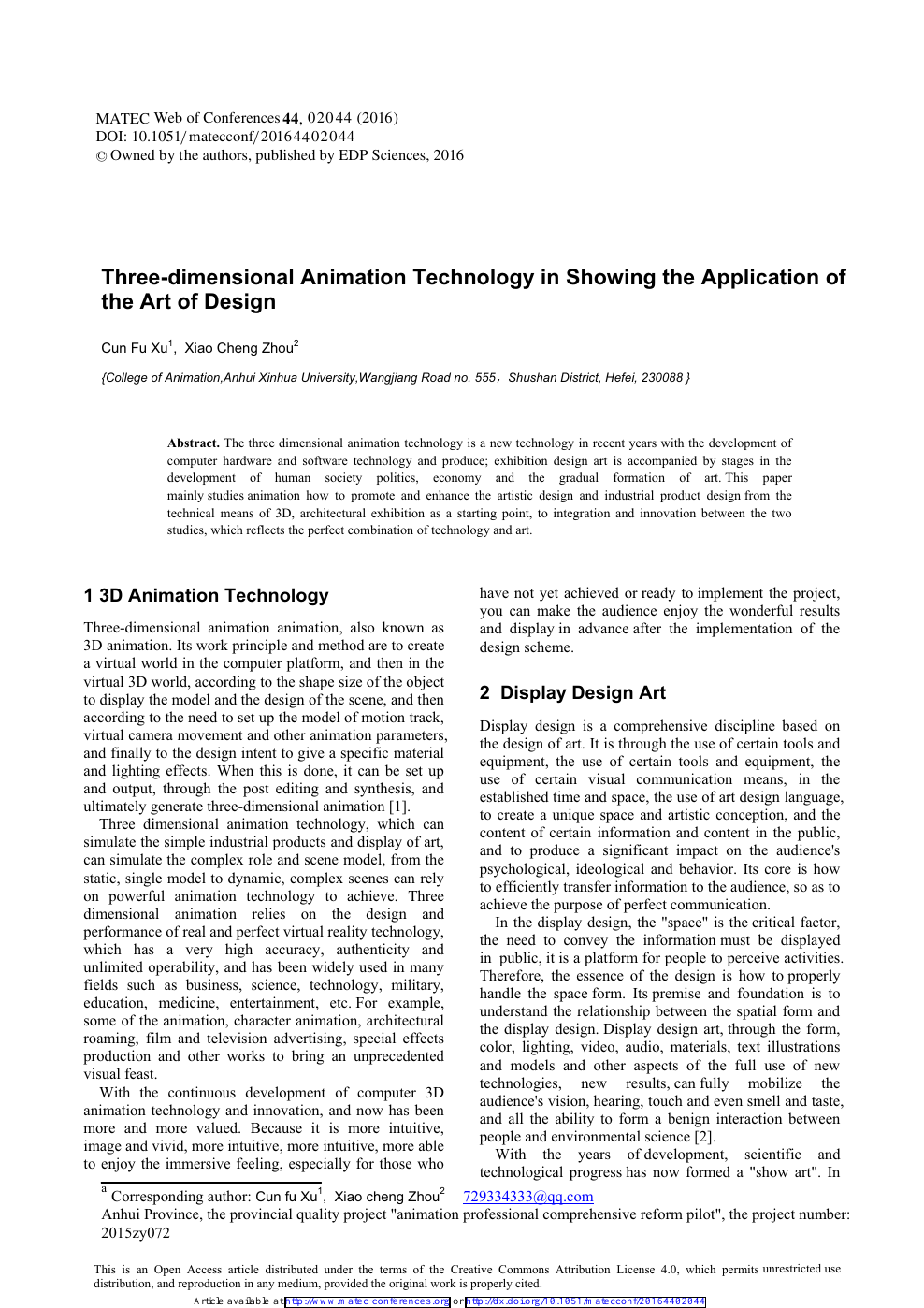 Three-dimensional Animation Technology in Showing the Application of the  Art of Design – topic of research paper in Electrical engineering,  electronic engineering, information engineering. Download scholarly article  PDF and read for free