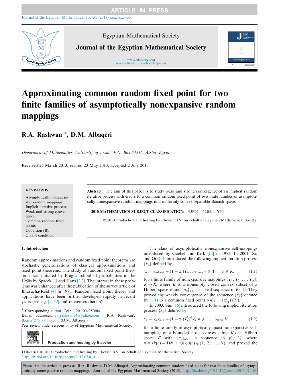 Approximating Common Random Fixed Point For Two Finite Families Of Asymptotically Nonexpansive Random Mappings Topic Of Research Paper In Mathematics Download Scholarly Article Pdf And Read For Free On Cyberleninka Open