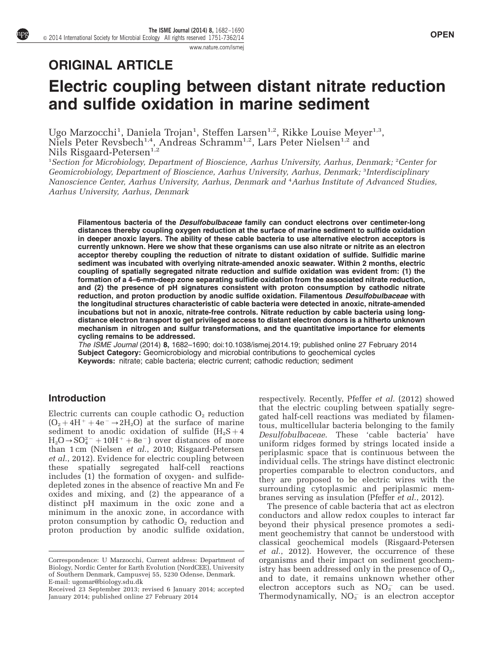 Electric coupling between distant nitrate reduction and sulfide oxidation in marine – topic of research paper in Biological sciences. Download scholarly article PDF and read for on CyberLeninka open science