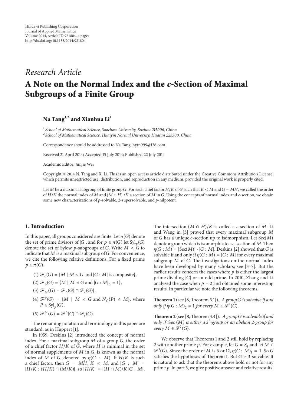 A Note On The Normal Index And The C Section Of Maximal Subgroups Of A Finite Group Topic Of Research Paper In Mathematics Download Scholarly Article Pdf And Read For Free