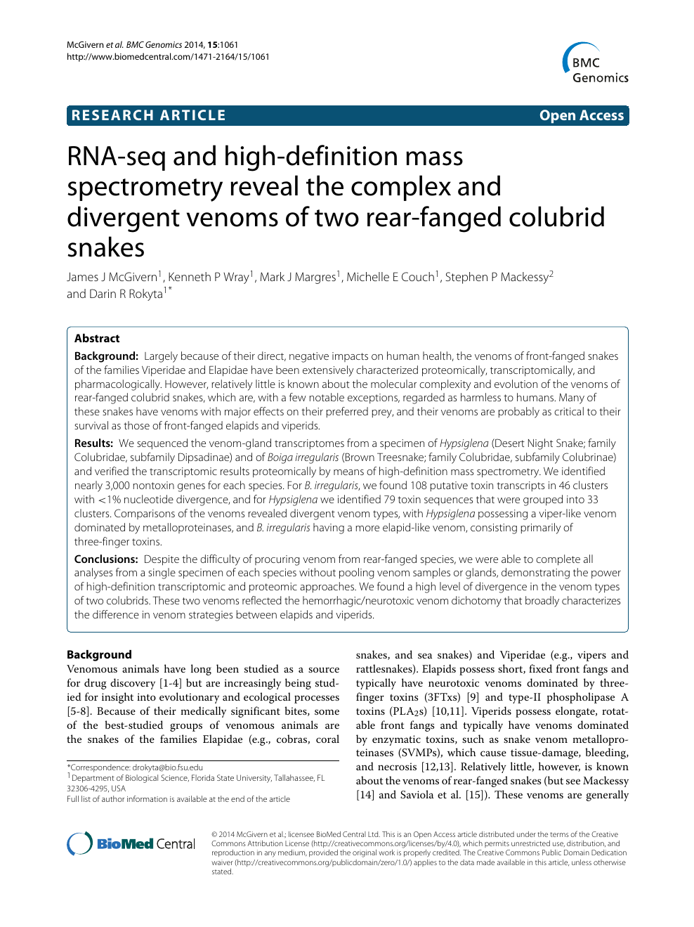 Rna Seq And High Definition Mass Spectrometry Reveal The Complex And Divergent Venoms Of Two Rear Fanged Colubrid Snakes Topic Of Research Paper In Biological Sciences Download Scholarly Article Pdf And Read For Free