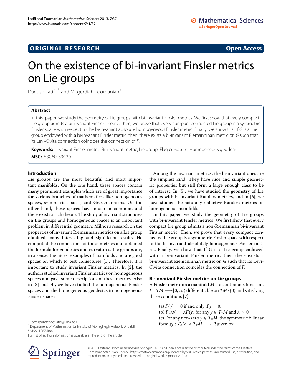 On The Existence Of Bi Invariant Finsler Metrics On Lie Groups Topic Of Research Paper In Mathematics Download Scholarly Article Pdf And Read For Free On Cyberleninka Open Science Hub