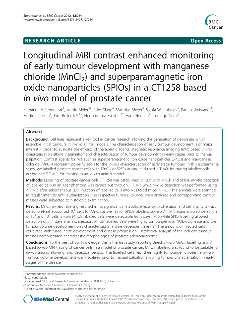 Longitudinal Mri Contrast Enhanced Monitoring Of Early Tumour Development With Manganese Chloride Mncl2 And Superparamagnetic Iron Oxide Nanoparticles Spios In A Ct1258 Based In Vivo Model Of Prostate Cancer Topic Of