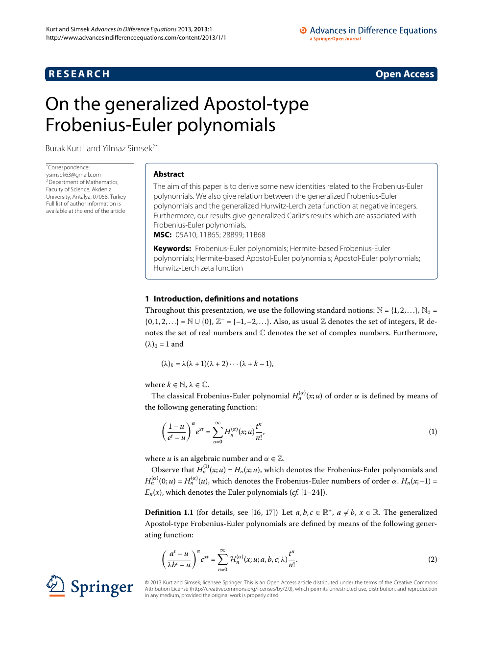 On The Generalized Apostol Type Frobenius Euler Polynomials Topic Of Research Paper In Mathematics Download Scholarly Article Pdf And Read For Free On Cyberleninka Open Science Hub