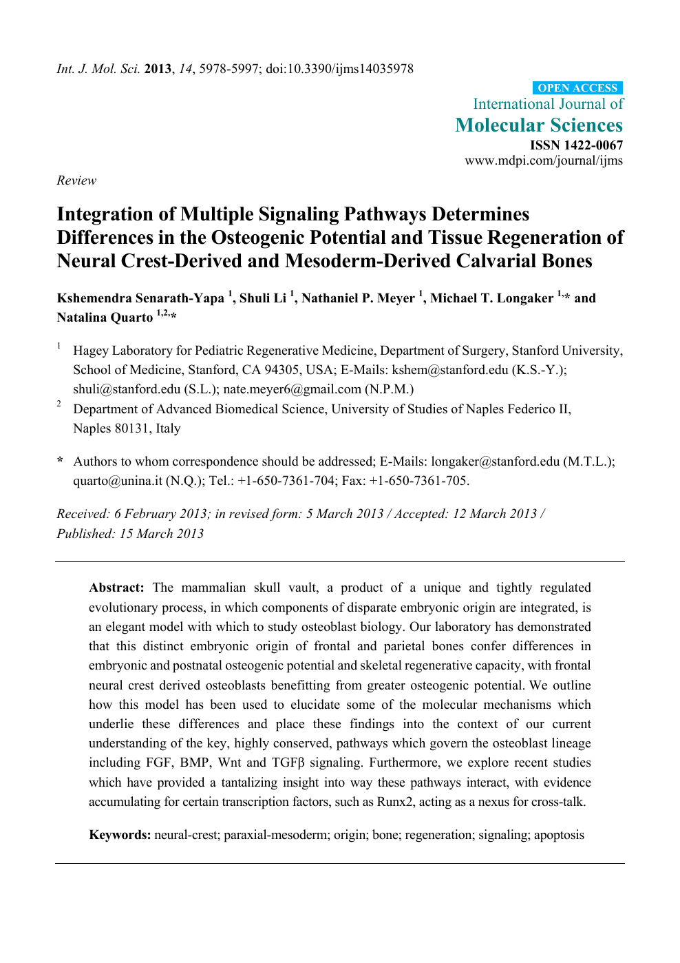 Integration Of Multiple Signaling Pathways Determines Differences In The Osteogenic Potential And Tissue Regeneration Of Neural Crest Derived And Mesoderm Derived Calvarial Bones Topic Of Research Paper In Biological Sciences Download Scholarly Article