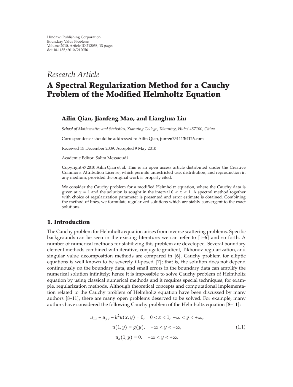 A Spectral Regularization Method For A Cauchy Problem Of The Modified Helmholtz Equation Topic Of Research Paper In Mathematics Download Scholarly Article Pdf And Read For Free On Cyberleninka Open Science