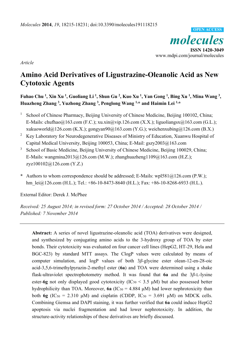 Amino Acid Derivatives Of Ligustrazine Oleanolic Acid As New Cytotoxic Agents Topic Of Research Paper In Chemical Sciences Download Scholarly Article Pdf And Read For Free On Cyberleninka Open Science Hub