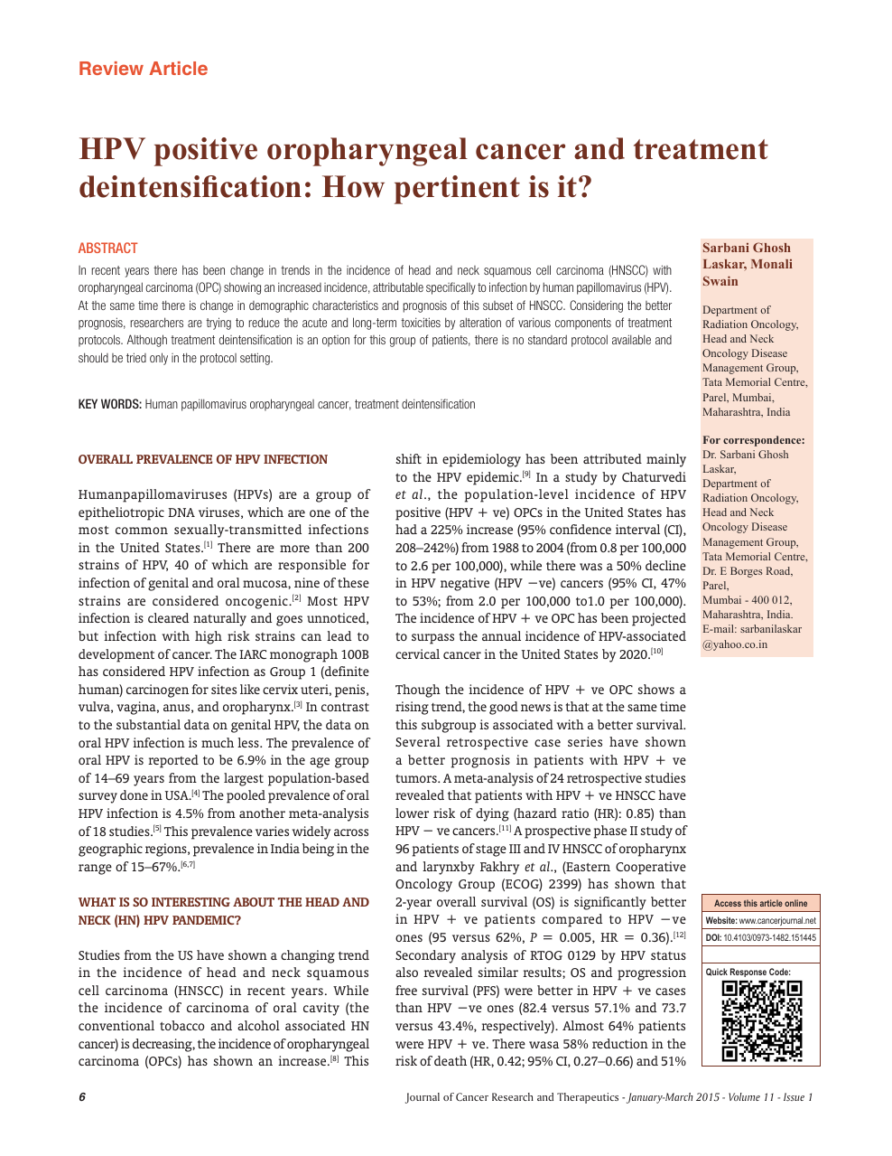 study of human papillomavirus and oropharyngeal cancer