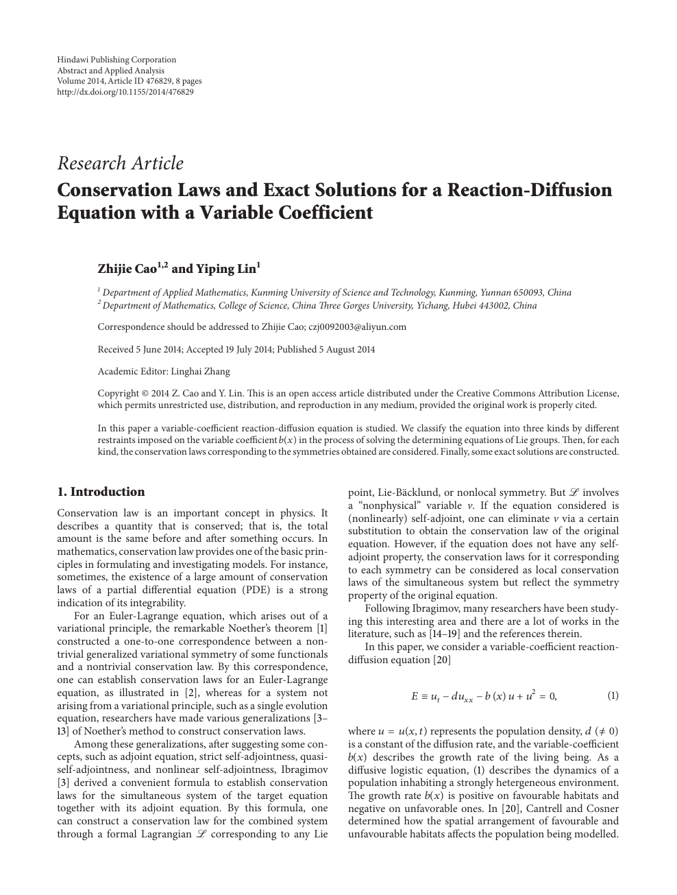 Conservation Laws And Exact Solutions For A Reaction Diffusion Equation With A Variable Coefficient Topic Of Research Paper In Mathematics Download Scholarly Article Pdf And Read For Free On Cyberleninka Open Science