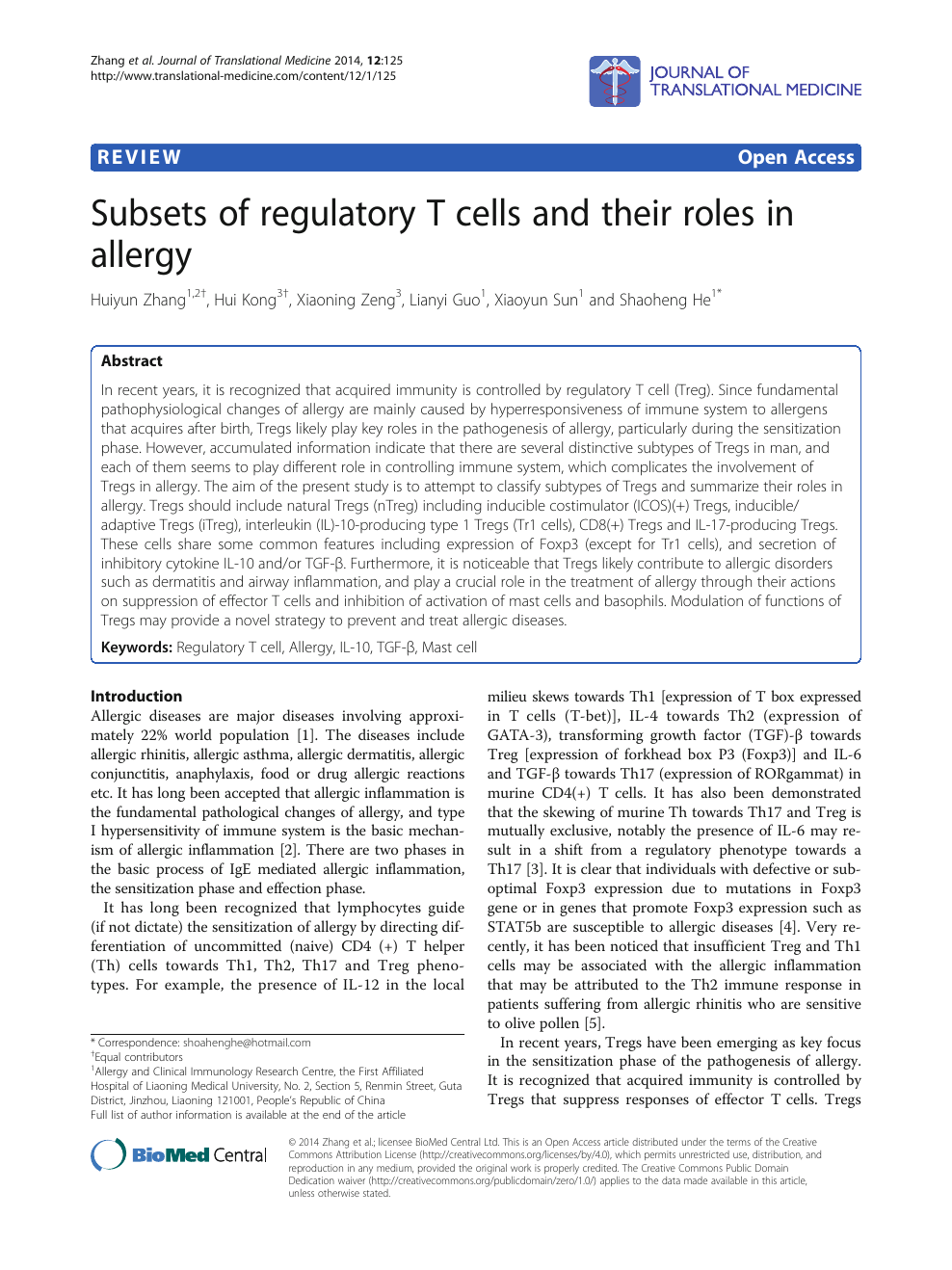 Subsets of regulatory T cells and their roles in allergy topic of research paper in Biological sciences. Download scholarly article and read for free on CyberLeninka open science hub.