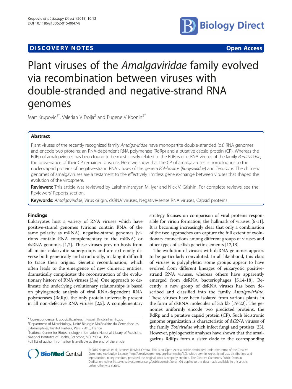 Plant Viruses Of The Amalgaviridae Family Evolved Via Recombination Between Viruses With Double Stranded And Negative Strand Rna Genomes Topic Of Research Paper In Biological Sciences Download Scholarly Article Pdf And Read For