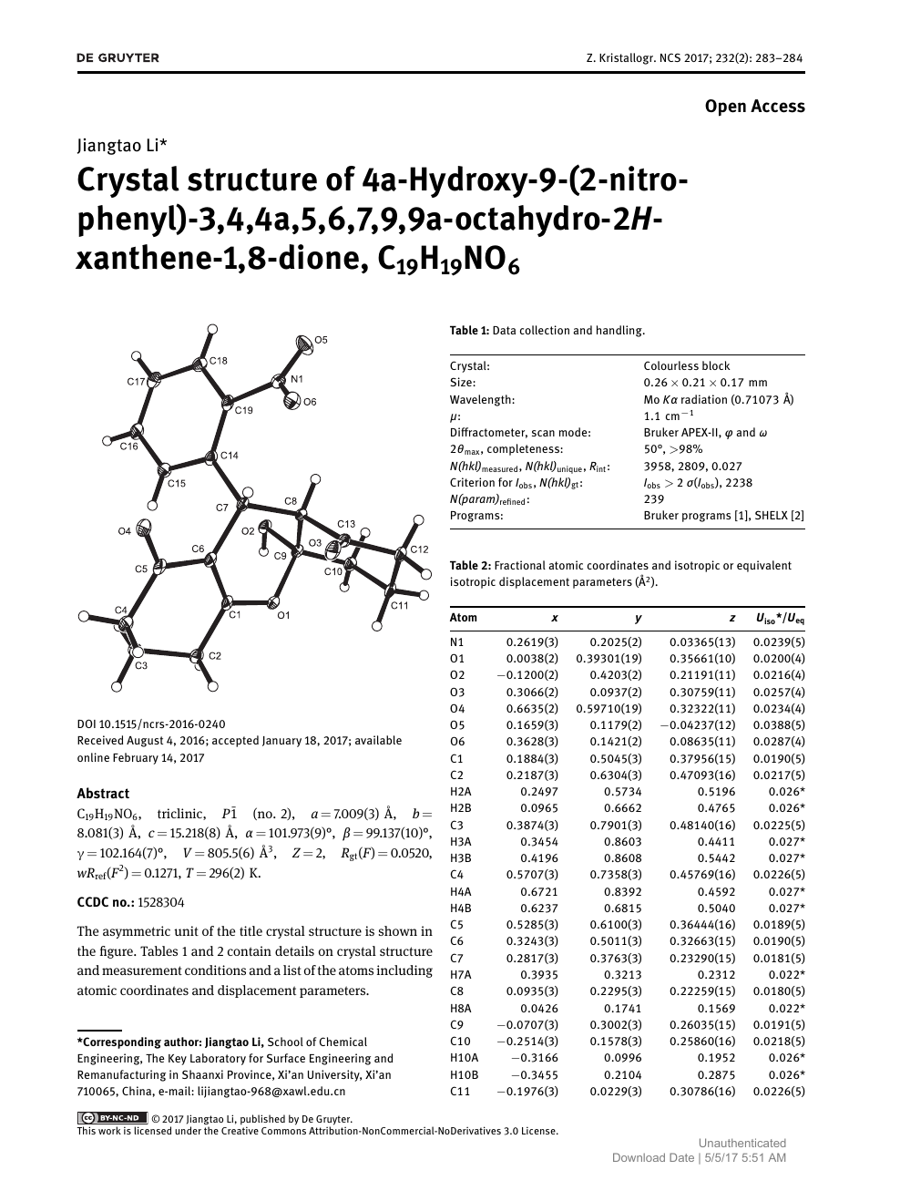 Crystal Structure Of 4a Hydroxy 9 2 Nitro Phenyl 3 4 4a 5 6 7 9 9a Octahydro 2h Xanthene 1 8 Dione C19h19no6 Topic Of Research Paper In Chemical Sciences Download Scholarly Article Pdf And Read For Free On Cyberleninka Open Science Hub