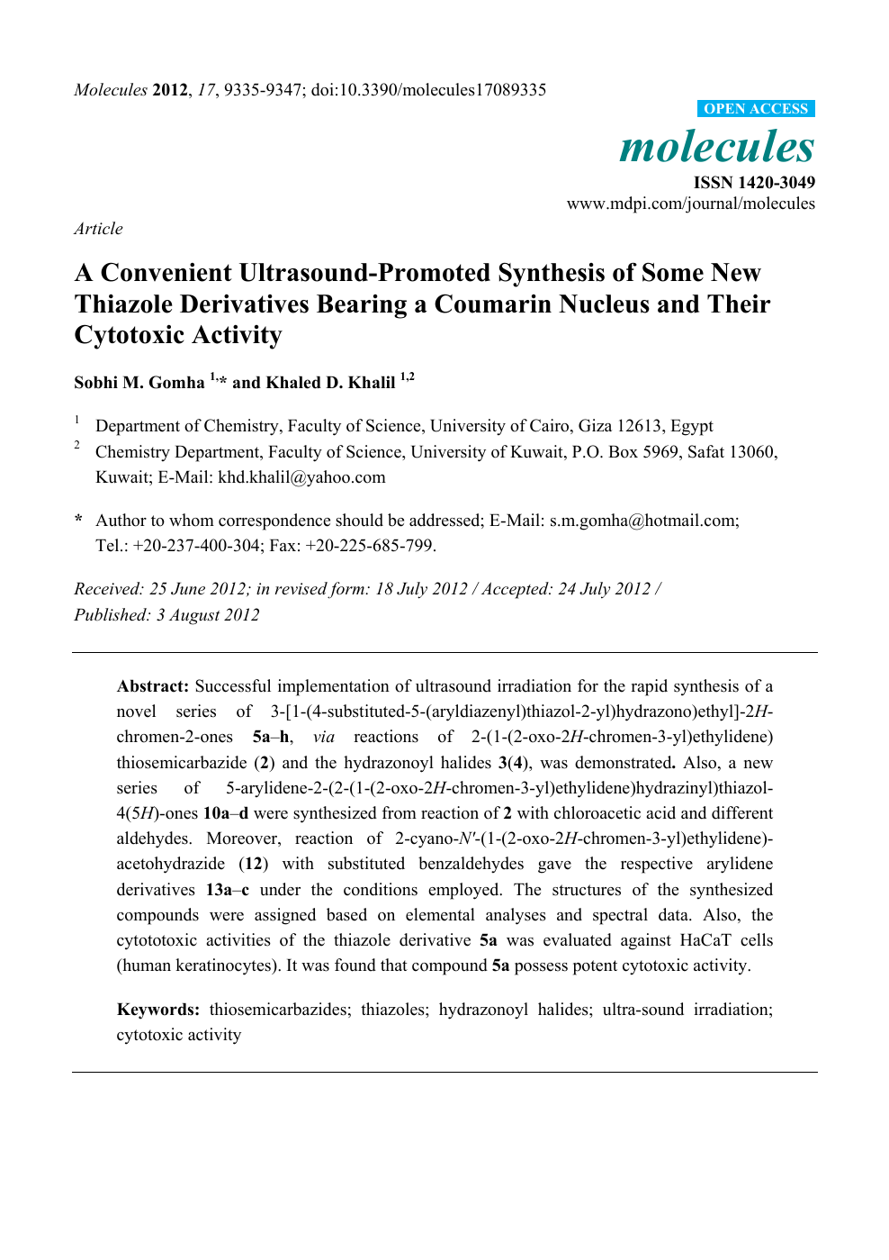 A Convenient Ultrasound Promoted Synthesis Of Some New Thiazole Derivatives Bearing A Coumarin Nucleus And Their Cytotoxic Activity Topic Of Research Paper In Chemical Sciences Download Scholarly Article Pdf And Read For
